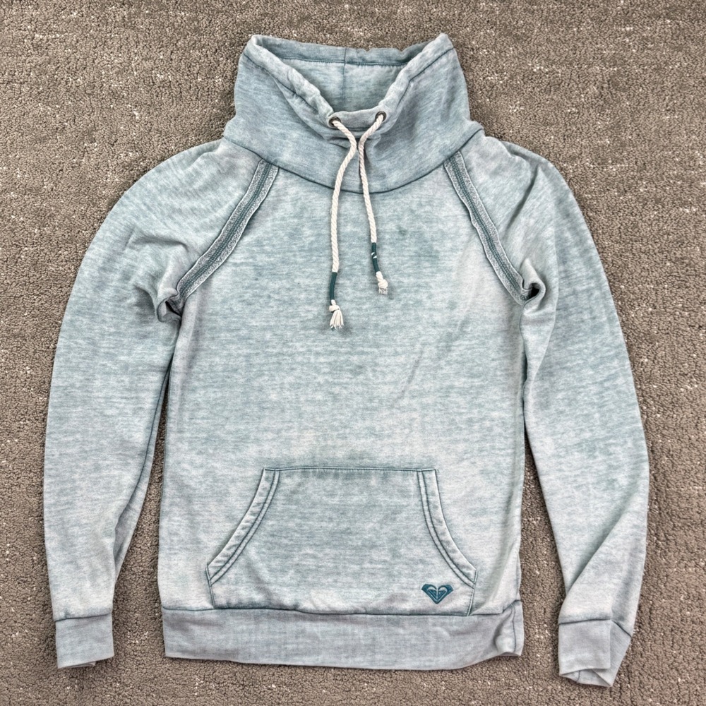 Roxy Womens XS Acid Wash Cowl Neck Hoodie Surf Pullover Sweatshirt Blue Gray
